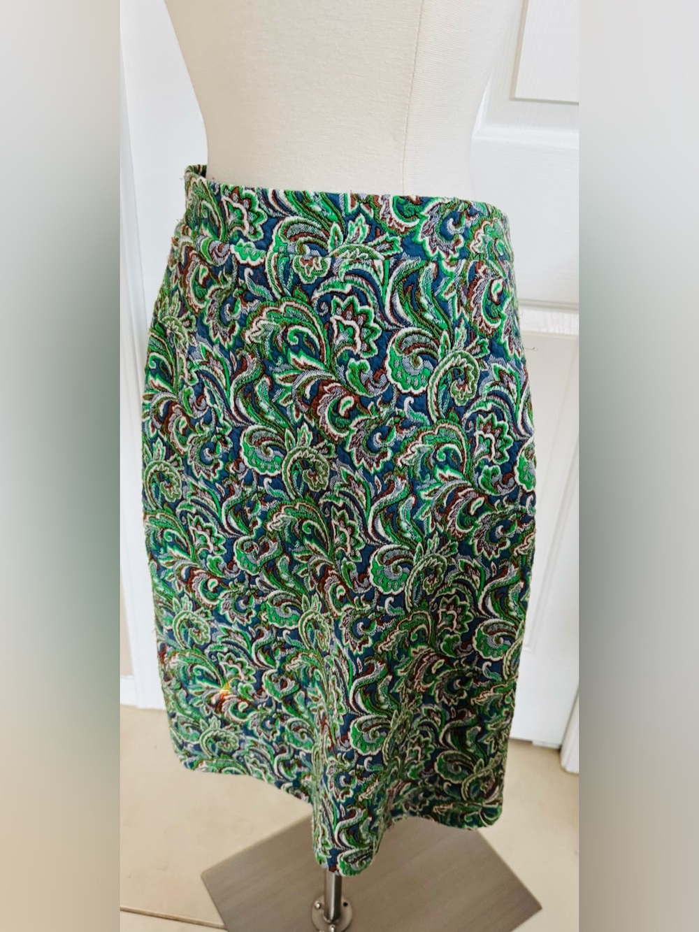 Anthropologie Green Paisley Pencil Skirt with Navy & Brown Accents